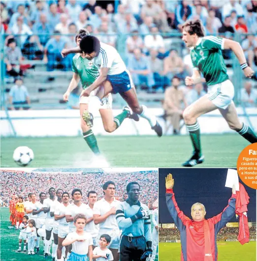  ??  ?? destacado. Roberto Macho Figueroa actuando en el Mundial de España 82 contra Irlanda. En la otra gráfica cantando el himno con la Selección Nacional y en la tercera levanta sus manos en un homenaje que le hizo el Murcia en el estadio La Condomina en España.