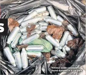  ??  ?? Nitrous oxide cannisters found dumped in a car park