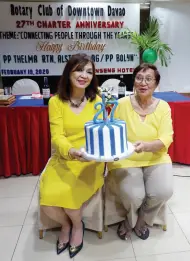  ??  ?? CHARTER members Vilma Kho and Marina Bello-Ruivivar, who both served as RCDD’s past presidents, proudly celebrate their 27 years as Rotarians