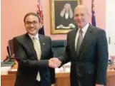  ??  ?? SYDNEY: President of the Senate of Australia Stephen Parry receives Kuwaiti Ambassador to Australia Najeeb Al-Bader.