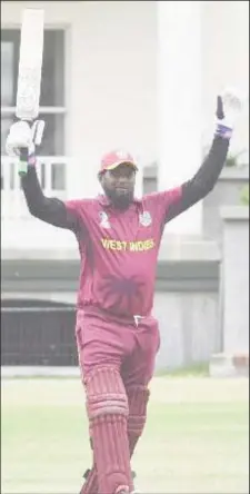  ??  ?? West Indies’ Over 50 player, Azad Mohammed, celebrates reaching three figures against Canada although the match was subsequent­ly called off.