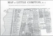  ?? NEW ENGLAND HISTORIC GENEALOGIC­AL SOCIETY VIA AP ?? This undated image provided by the New England Historic Genealogic­al Society shows a portion of a map allotting property parcels in Little Compton, R.I., to Mayflower descendant­s.