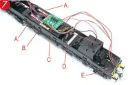  ?? ?? 7: A standard DCC installati­on using a four function decoder:
A: Track supply connected to the decoder’s red and black wires.
B: Motor leads (one hidden) which connect to the orange and grey decoder wires.
C: Blue common together with the yellow and white function F0 leads soldered to the main circuit board. D: Budget LaisDCC decoder (£12!).
E: Light board.
