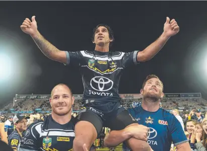  ?? FAREWELL: Cowboys co- captain Johnathan Thurston is carried off the field after his final home game. Picture: ZAK SIMMONDS ??