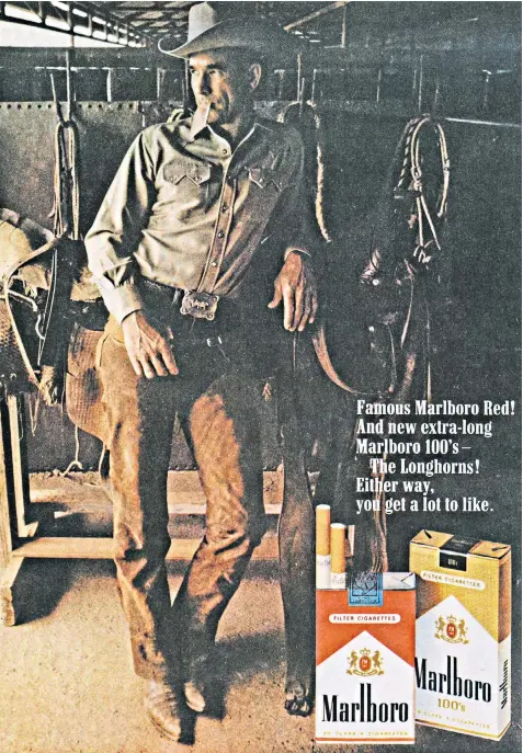  ??  ?? A 1967 advert for Marlboro by the Philip Morris company. After a landmark ruling in 2006, it was forced to start running adverts stating the health risks of smoking in stark terms