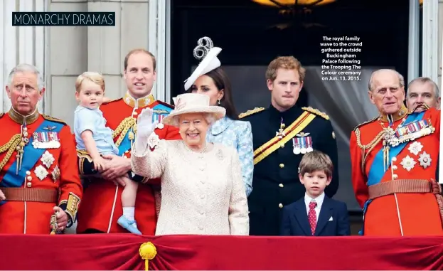  ??  ?? The royal family wave to the crowd gathered outside Buckingham Palace following the Trooping The Colour ceremony on Jun. 13, 2015.