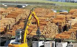  ??  ?? So viel Holz oder noch mehr wünscht man sich zurzeit im Sägewerk in Friesau. Aufgrund von Rohstoffma­ngel droht den Beschäftig­ten die Kurzarbeit. Archivfoto: Peter Hagen