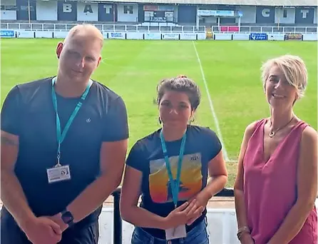  ??  ?? Ben Perry and Gabriella Carrozza, Bath College programme leaders, with Carole Banwell, Bath City FC general manager