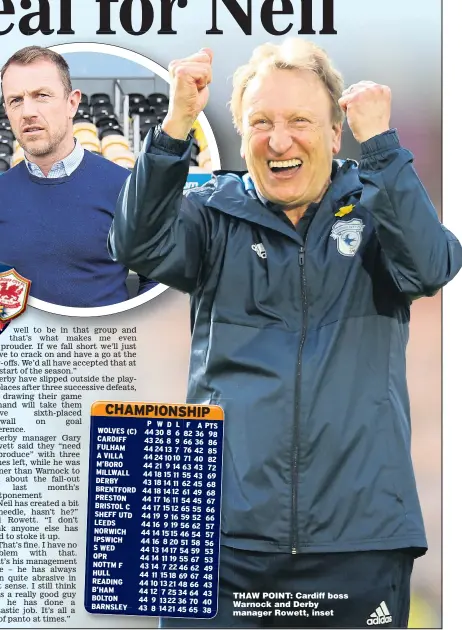  ??  ?? THAW POINT: Cardiff boss Warnock and Derby manager Rowett, inset