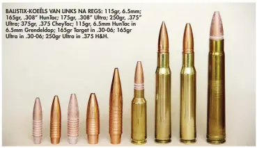  ??  ?? BALISTIX-KOEËLS VAN LINKS NA REGS: 115gr, 6.5mm; 165gr, .308” HunTac; 175gr, .308” Ultra; 250gr, .375” Ultra; 375gr, .375 CheyTac; 115gr, 6.5mm HunTac in 6.5mm Grendeldop; 165gr Target in .30-06; 165gr Ultra in .30-06; 250gr Ultra in .375 H&H.