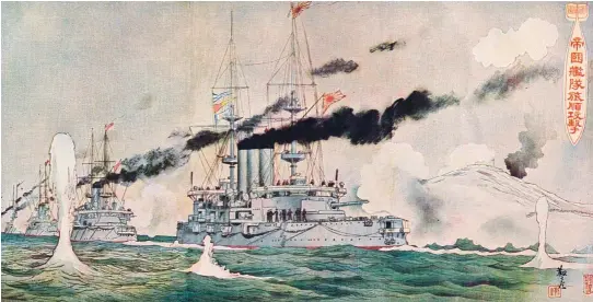  ??  ?? ORIENTE VS. OCCIDENTE. Desde agosto de 1904 a enero de 1905, el asedio de Port Arthur fue la batalla más larga y violenta de la guerra ruso-japonesa. Abajo, un bombardeo nipón sobre Port Arthur (acuarela).