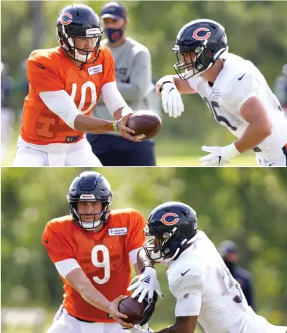  ??  ?? Mitch Trubisky (10) works with running back Ryan Nall during drills Monday. Nick Foles (9) works with running back David Montgomery. The Bears say they’ll split the work evenly between the two quarterbac­ks as long as possible. NAM Y. HUH/AP