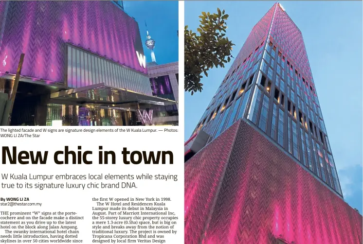  ??  ?? The lighted facade and W signs are signature design elements of the W Kuala Lumpur. — Photos: WONG LI ZA/The Star At night, the facade of the W Kuala Lumpur dazzles in pink and purple.