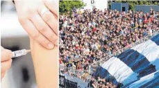  ?? FOTO: HÖRGER/SZ ?? Vor dem Donaustadi­on schlägt am Samstag ein mobiles Impfteam seine Zelte auf. Drinnen kicken die Spatzen im Pokal gegen Nürnberg.