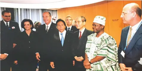  ??  ?? Prof. Omolewa (2nd right) as President, 32nd General Conference of UNESCO with former French President Jacques Chirac (third left); former DG of UNESCO, Koichiro Matsuura (third right) and others. Omolewa served the UN agency as Nigeria’s Permanent Delegate from 2000 to 2009
