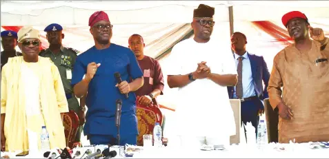  ?? ?? Rivers State Governor and PDP presidenti­al aspirant, Nyesom Wike ( left); Oyo State Governor, Seyi Makinde; former governor of Ekiti State, Ayo Fayose and Oyo State PDP Chairman, Dayo Ogungbenro during Wike’s meeting with Oyo State PDP delegates in Ibadan… yesterday.