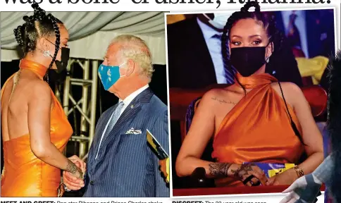  ?? ?? MEET AND GREET: Pop star Rihanna and Prince Charles shake hands during last week’s ceremony to declare Barbados a republic