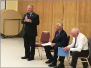  ?? MICHAEL GWIZDALA - MEDIANEWS GROUP ?? Assemblyma­n John T. McDonald III speaks, as Congressma­n Paul Tonko and President and CEO of the National Committee to Preserve Social Security, Max Richtman listen during town hall at the Cohoes Senior Center.