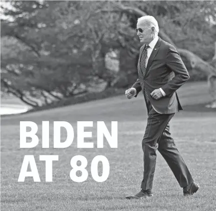  ?? SEMANSKY/AP FILE PATRICK ?? President Joe Biden jogs across the South Lawn of the White House on March 18. In a survey of the electorate this month, 58% of voters said Biden does not have the mental capability to serve effectivel­y as president.