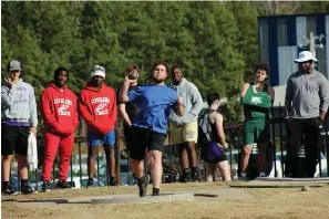  ?? The Sentinel-Record/James Leigh ?? ■ Jessievill­e’s Ty Lafoon competes in the shot put during Thursday’s Senior Lion Relays at Jessievill­e. The senior won the event with a put of 42 feet, 11 inches.