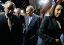  ?? ANDREW HARNIK — THE ASSOCIATED PRESS ?? From left, Rep. Mike Doyle, D-Pa., Sen. Ed Markey, D-Mass., Senate Minority Leader Sen. Chuck Schumer of N.Y., and Sen. Maria Cantwell, D-Wash., leave a news conference on Capitol Hill in Washington, Wednesday after the Senate passed a resolution to...