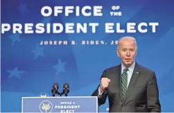  ?? ANGELA WEISS/AFP VIA GETTY IMAGES ?? Biden introduces nominees for his science team Saturday in Wilmington, Del. Threats against Biden’s inaugurati­on have been fueled by far-right militants, white supremacis­ts and other radical groups.