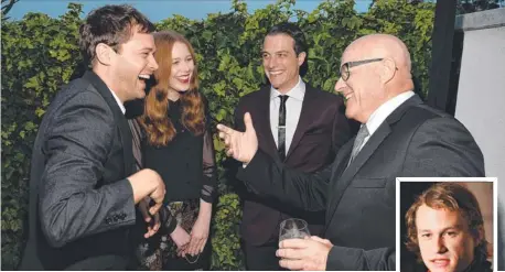  ??  ?? Scholarshi­p cast: Oliver Ackland, Anna McGahan and James Mackay with Kim Ledger, father of Heath (right inset) at the Australian­s in Film Heath Ledger Scholarshi­p benefit dinner in Los Angeles.