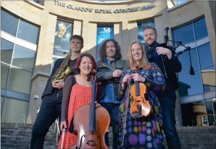  ??  ?? Musicians Paul Towndrow, Su-a Lee, Greg Lawson, Patsy Reid and Finlay MacDonald launch the Celtic Connection­s programme on the stairs of the Glasgow Royal Concert Hall Picture: Kirsty Anderson