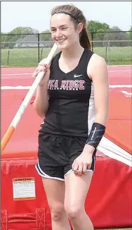  ?? TIMES file photograph ?? Freshman Lady Blackhawk Cassidy Mooneyhan won first place in the junior high district meet in pole vault clearing 10’ then competed in, and won first place, in the varsity district track meet clearing 10’. She cleared 10’3” at the Whitey Smith Jr....