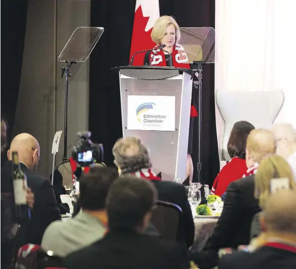  ?? GREG SOUTHAM ?? Premier Rachel Notley speaks at the Edmonton Chamber of Commerce luncheon for 100 B.C. pro-pipeline lobbyists on Thursday.