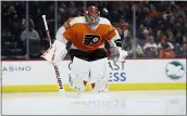  ?? MATT SLOCUM —THE ASSOCIATED PRESS ?? Flyers goalie Carter Hart warms up before the third period against Montreal Thursday.