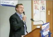  ?? NATE MCMURRAY FOR CONGRESS VIA ASSOCIATED PRESS ?? In this photo provided by Nate McMurray for Congress, McMurray, who is running for Congress against Rep. Christophe­r Collins, speaks at a rally at the American Legion Riders in Sanborn, N.Y., last month.