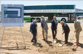  ?? RECORDER PHOTO BY CHIEKO HARA ?? Officials with Greenpower Motor Company turn the first dirt at the site of its electric-powered bus plant on Hope Drive near the Portervill­e Airport.