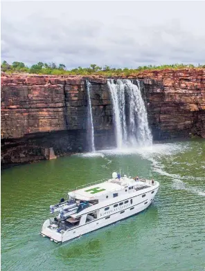  ??  ?? Above: Custom-built for cruising the remote Kimberley Coast, the Kimberley Quest II takes its passengers right alongside some of the shoreline’s most remarkable features, including waterfalls that tumble over sandstone plateaus straight into the sea.