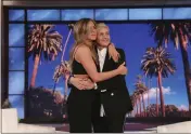  ?? MICHAEL ROZMAN — WARNER BROS. ?? Talk show host Ellen DeGeneres, right, is embraced by Jennifer Aniston during the final taping of “The Ellen DeGeneres Show” at the Warner Bros. lot in Burbank.