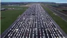  ??  ?? Trucks waiting to leave the UK on December 22, 2020 after France closed the border to traffic because of the coronaviru­s