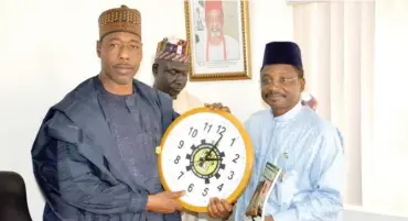  ??  ?? The Governor Borno State, Babagana Umar Zulum and the DG NDE during a courtesy visit to the NDE Head office in Abuja recently.