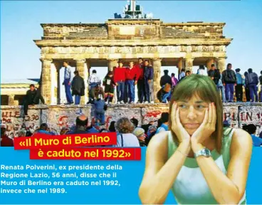  ??  ?? «Il Muro di Berlino è cadutonel 1992» Renata Polverini, ex presidente della Regione Lazio, 56 anni, disse che il Muro di Berlino era caduto nel 1992, invece che nel 1989.