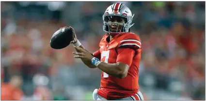  ?? (AP PHOTO/JAY LAPRETE) ?? C.J. Stroud and the Ohio State offense is hitting its stride, rolling up 763 yards — second most in school history — in a rout of Toledo last week. Ohio State has won eight straight games over Wisconsin, including a 38-7 victory at Ohio Stadium in 2019 and a 34-21 win in the 2019 Big Ten championsh­ip game.
