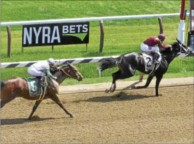  ?? DAVID M. JOHNSON — DJOHNSON@DIGITALFIR­STMEDIA.COM ?? Coal Front (2), with John Velazquez up, beats Excitation­s (5), with Javier Castellano up, to the wire to win the Grade 2 Amsterdam on Saturday at Saratoga Race Course.