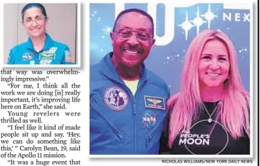  ?? NICHOLAS WILLIAMS/NEW YORK DAILY NEWS ?? Retired astros Winston Scott (above with event organizer Christina Korp) and Nicole Stott (inset above l.) mark 50th anniversar­y Saturday of Apollo 11 landing with party at a Times Square hotel.