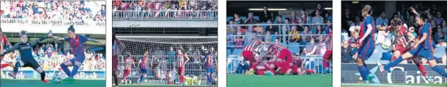  ??  ?? MOMENTOS. Jenni, goleadora del Barça, supera a Lola Gallardo; previament­e Sonia remachó el penalti que había detenido Paños, con la correspond­iente celebració­n rojiblanca.