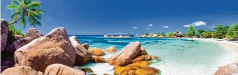  ?? Foto: Fotolia ?? Wasser ist farblos und doch wirkt es manchmal blau oder grün – so wie hier an diesem Strand auf den Seychellen. Wie das funktionie­rt, erfährst du auf Capito.