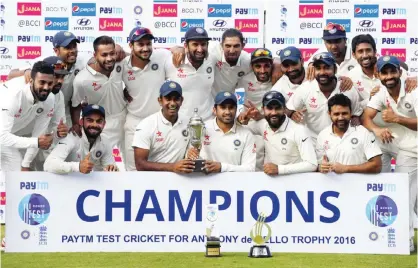  ??  ?? CHENNAI: Indian cricketers celebrate winning the fifth and final Test cricket match between India and England at the M.A. Chidambara­m Stadium in Chennai yesterday. — AFP