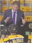  ?? STAFF PHOTO BY CHRISTOPHE­R EVANS ?? CHANGE OF PLANS: Bruins coach Bruce Cassidy has had to shuffle his lineup already in the wake of injuries to start the season.