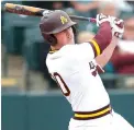  ?? Associated Press file photo ?? ■ Arizona State’s Spencer Torkelson bats on Feb. 17, 2019, during an NCAA college baseball game against Notre Dame in Phoenix. Torkelson was selected No. 1overall by the Detroit Tigers on Wednesday night in the MLB Draft.