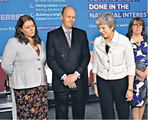  ??  ?? Conservati­ve candidates Faye Purbrick, Ashley Fox and Claire Hiscott share the stage with Theresa May at the campaign event in Bristol for the European Parliament elections