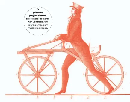  ??  ?? O primeiro projeto de uma bicicleta foi do barãoKarl von Drais, um nobre alemão com muita imaginação.