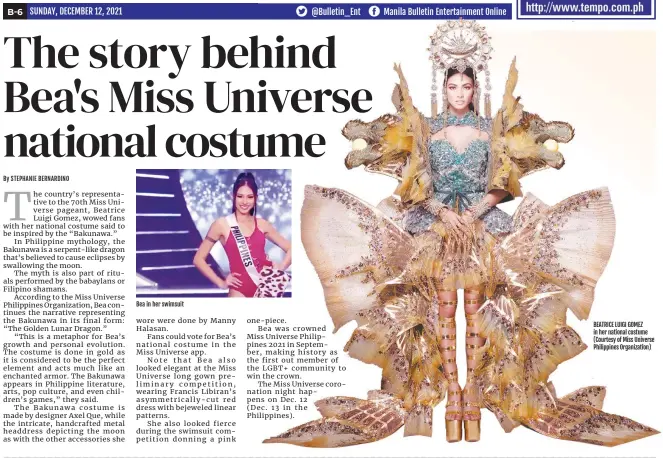  ?? ?? Bea in her swimsuit
BEATRICE LUIGI GOMEZ in her national costume (Courtesy of Miss Universe Philippine­s Organizati­on)