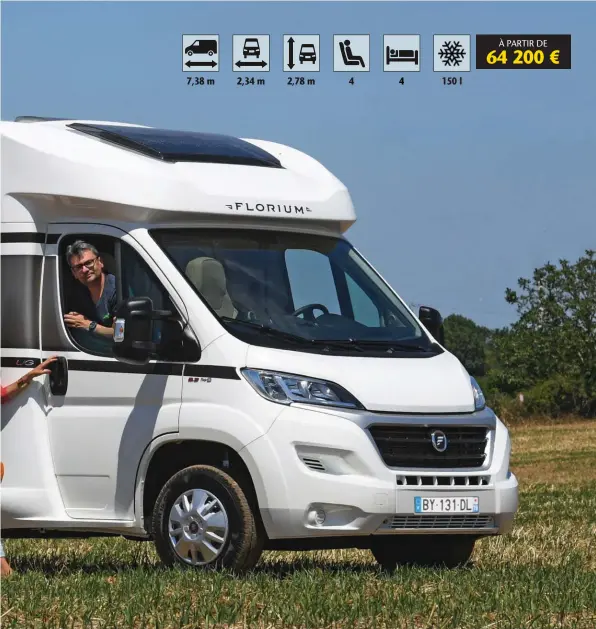  ??  ?? Long de 7,38 m, le Mayflower 73 LJG reçoit de série la motorisati­on 140 ch du Fiat Ducato et se pare d’une sérigraphi­e moderne.